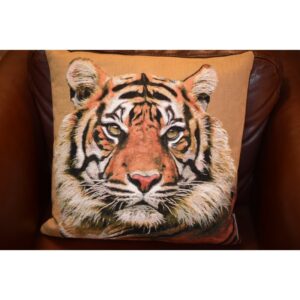 Coussin motif tête de tigre du Bengale, sur fond beige - Haute Qualité et belle finition - Format 45 x 45 cm