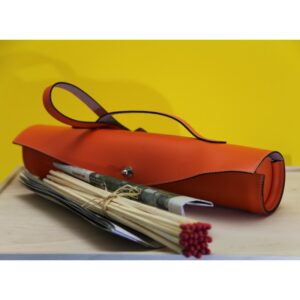 Trousse à allumettes longues, en cuir naturel cousu main - Teinte orange