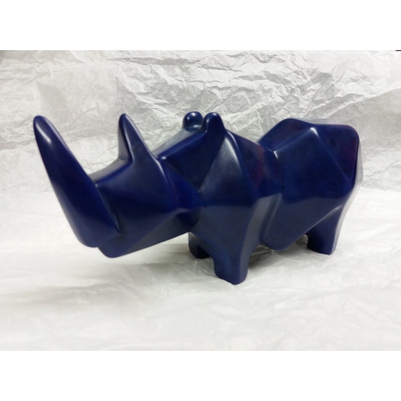 Rhinocéros stylisé, en pierre naturelle de Kisii - Sculpture design - Teinté bleu