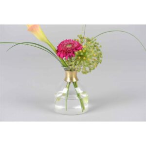 Bouteille en verre clair, avec col évasé en métal doré